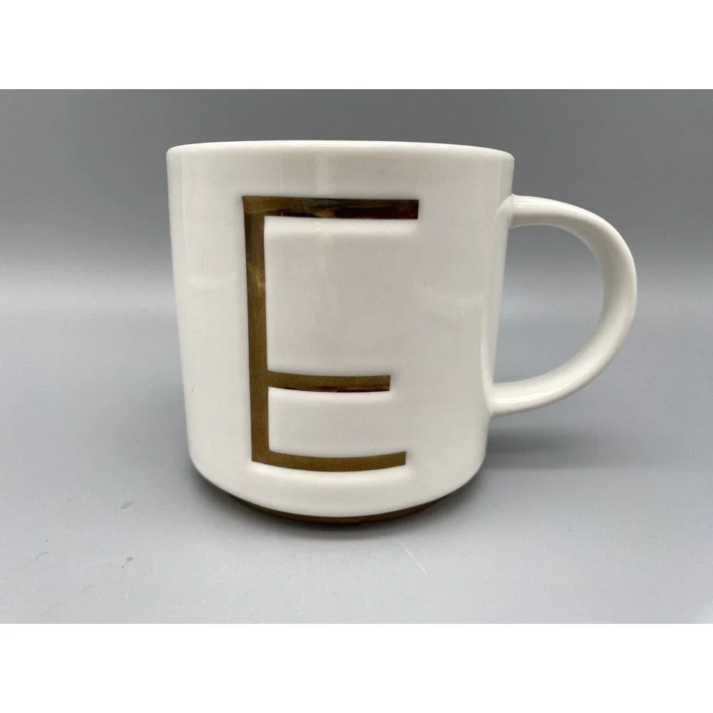 WILLIAMS SONOMA‎ Gold Monogram Initial E Art-Deco Coffee Tea Cup Mug